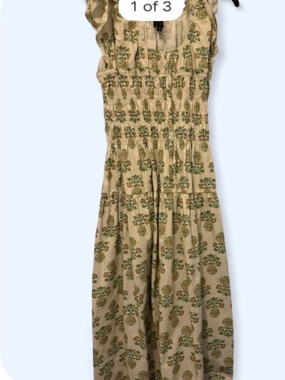 Cream Floral Smocked Maxi Dress with Green Print